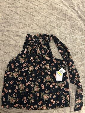 1. State Black Floral Halter Blouse with Pink Flowers